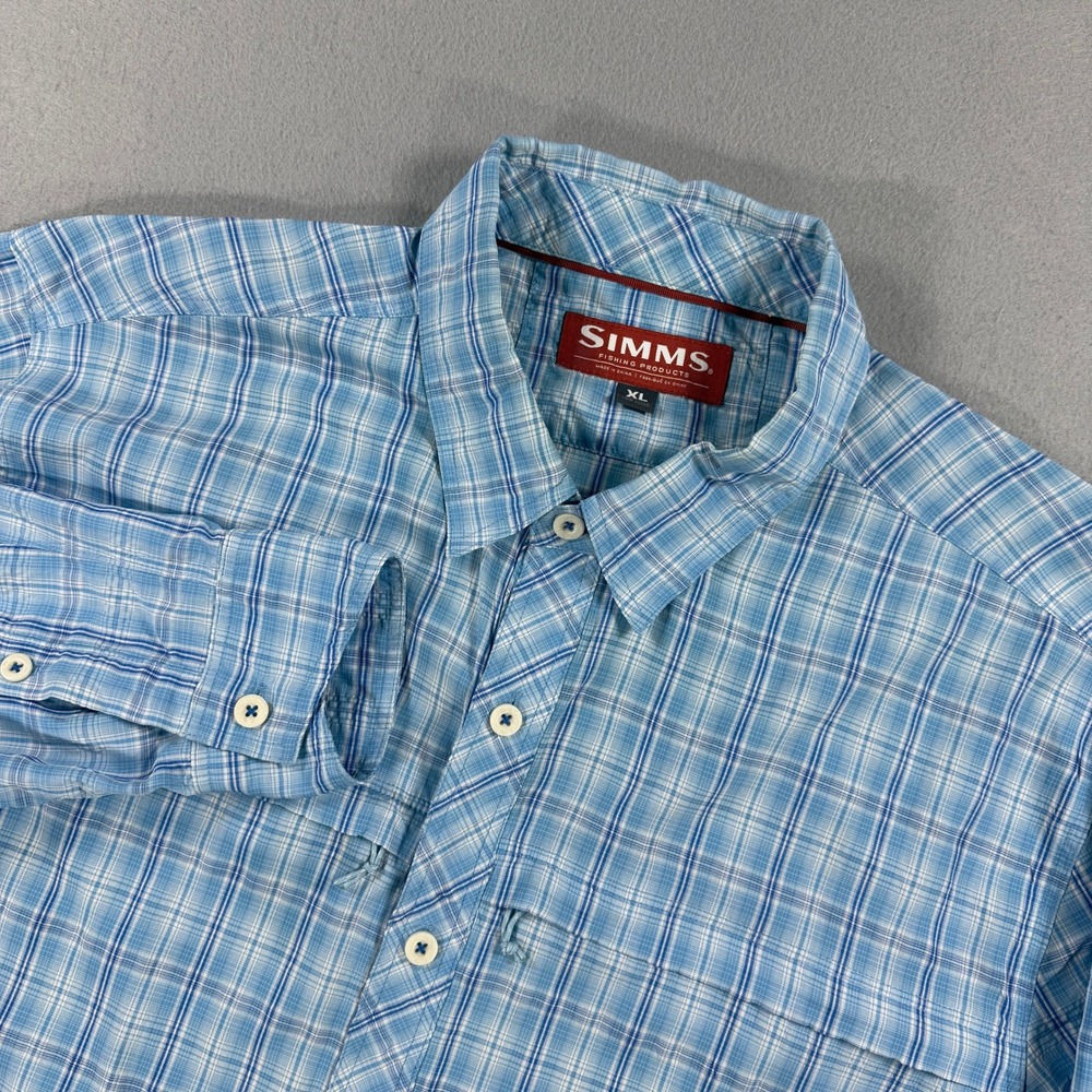 Simms Fishing Shirt Mens XL Blue Plaid Long Sleeve Button Down Hiking Outdoors